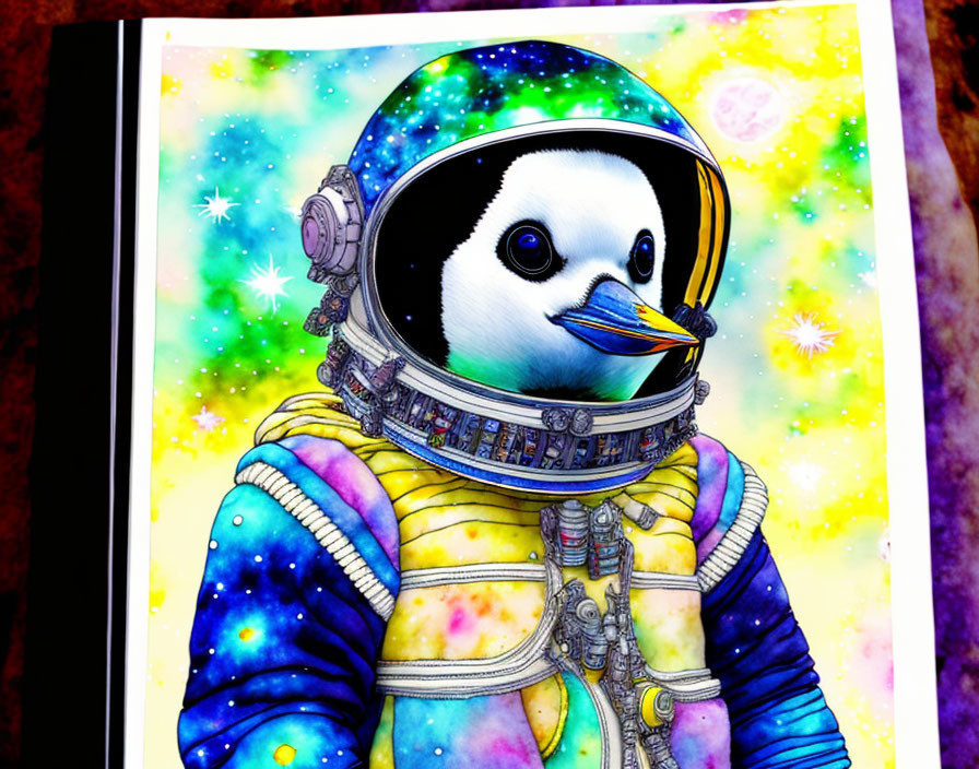 Colorful Penguin Astronaut in Fantasy Cosmos Scene