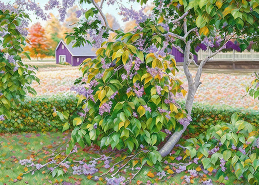 Blooming tree and purple house in vibrant garden scene