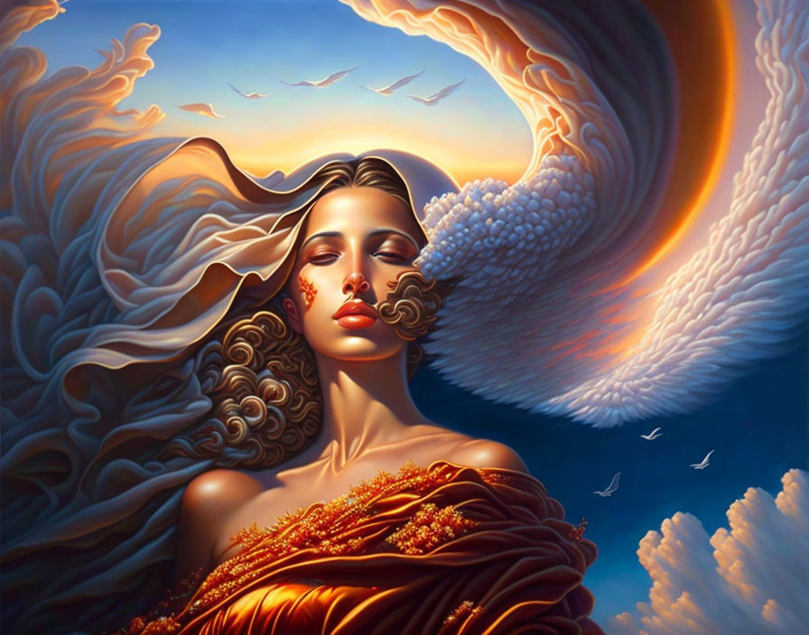 Illustration of serene woman in warm-orange drapery with swirling hair and clouds.