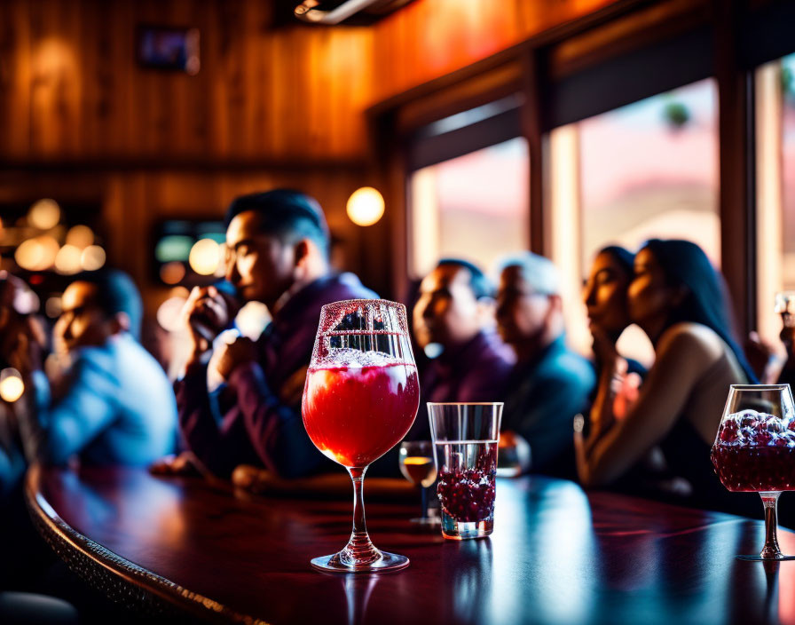 Colorful cocktail on bar top with people socializing in warm, dimly lit bar setting