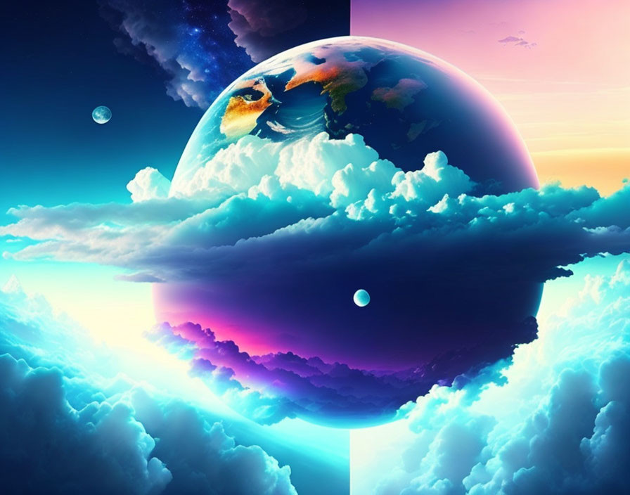 Colorful digital artwork of Earth with clouds and celestial bodies in blues, purples, and sunset