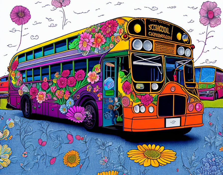 Colorful Floral Patterned School Buses in Flower-Filled Scene