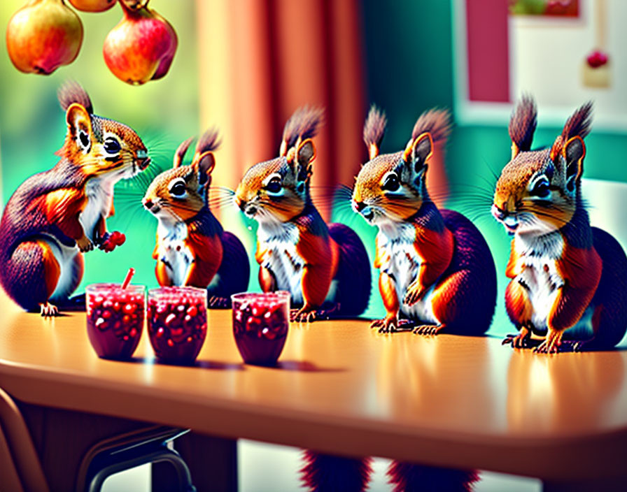 Five animated squirrels enjoying colorful drinks in a whimsical bar setting.