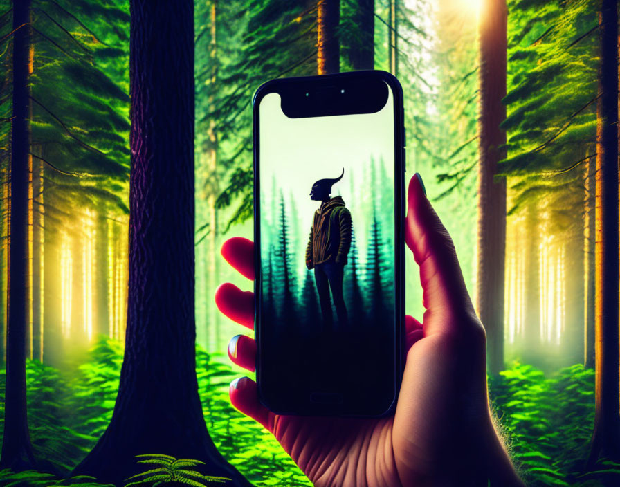 Smartphone displaying person in forest illusion