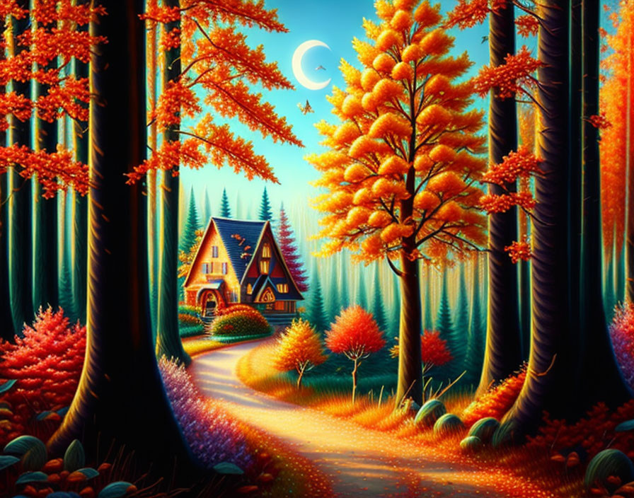 Autumn forest scene with orange leaves, cottage, path, and crescent moon