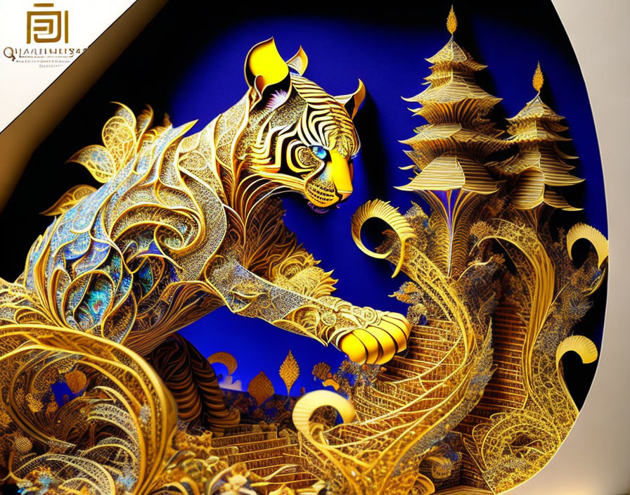 Golden tiger digital artwork with filigree patterns and temples on blue backdrop