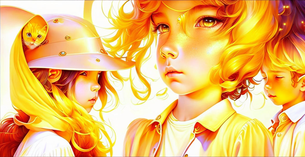 Colorful digital painting: Three children with golden hair and a kitten in a hat