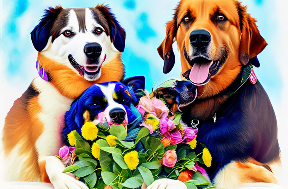 Four Vibrant Dogs with Flowers on Blue Background