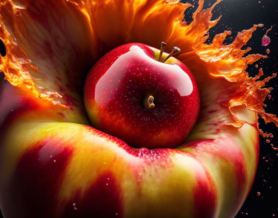 Red Apple Surrounded by Orange Liquid on Dark Background