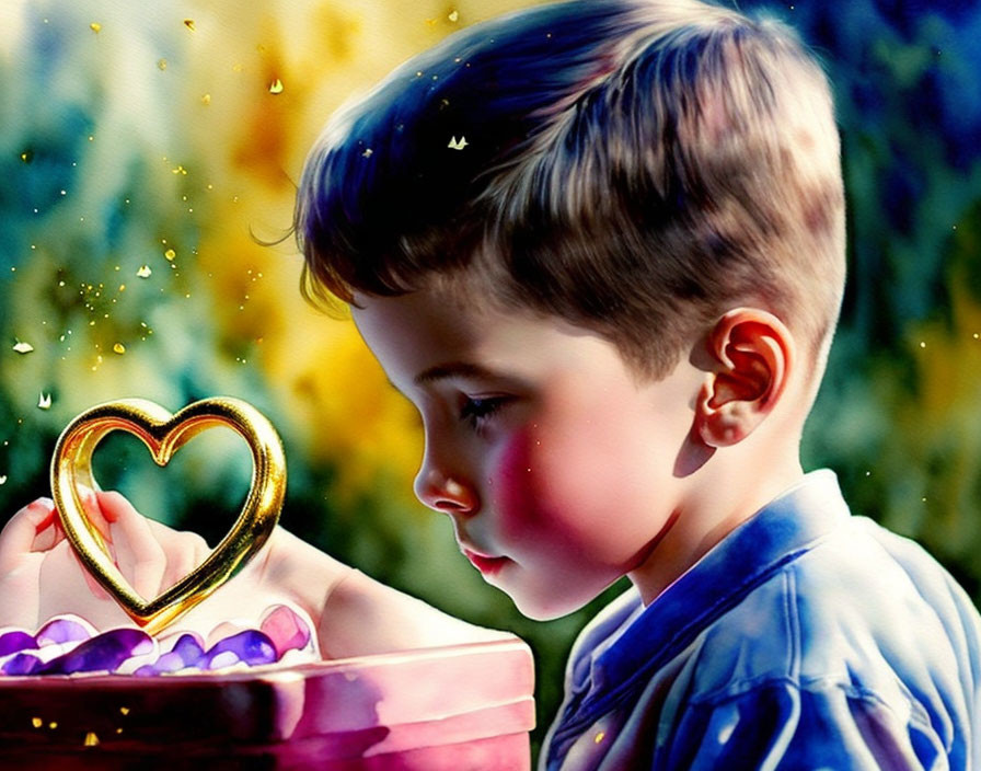 Portrait of boy with side-swept haircut and heart-shaped object in vibrant, abstract setting