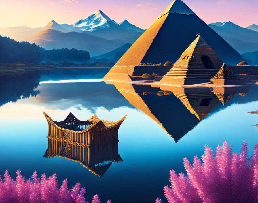 Egyptian Pyramids and Asian Pavilion in Serene Lake Setting