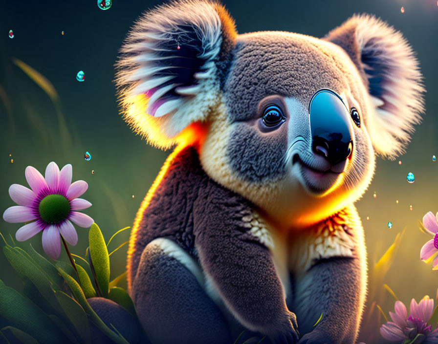 Colorful Koala Surrounded by Flowers and Bubbles in Dreamy Scene