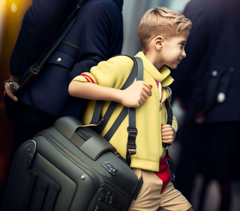 Young boy in yellow shirt walking with person carrying suitcase in crowded area