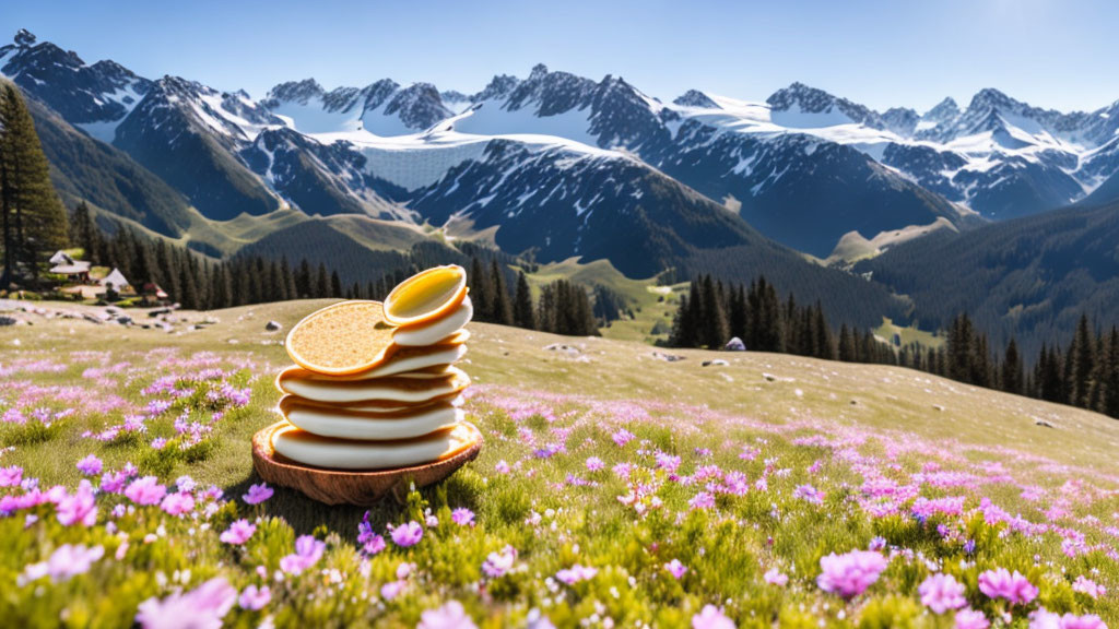 Fluffy Pancakes with Syrup on Wood Stump, Pink Flowers, Snowy Mountains