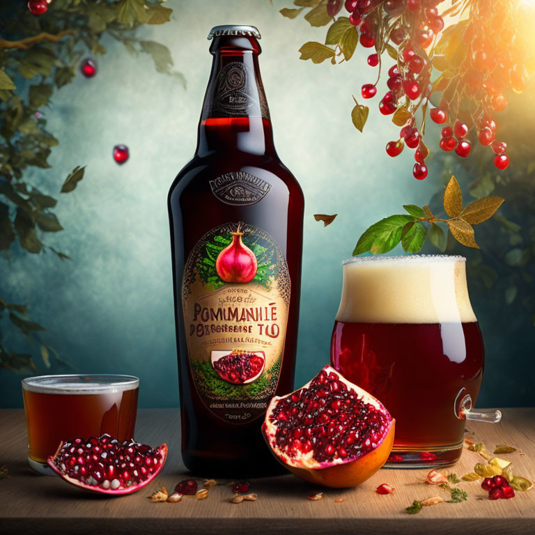 Pomegranate beer with fruit garnish on natural background