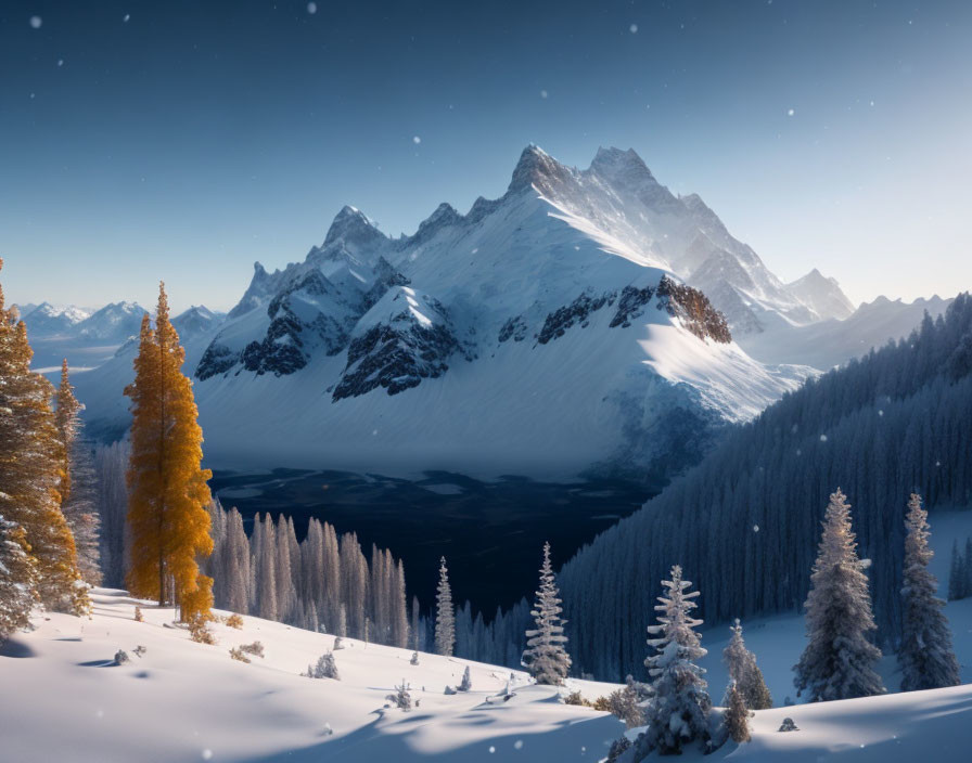 Snow-covered winter landscape with golden-hued trees and mountains under clear blue sky