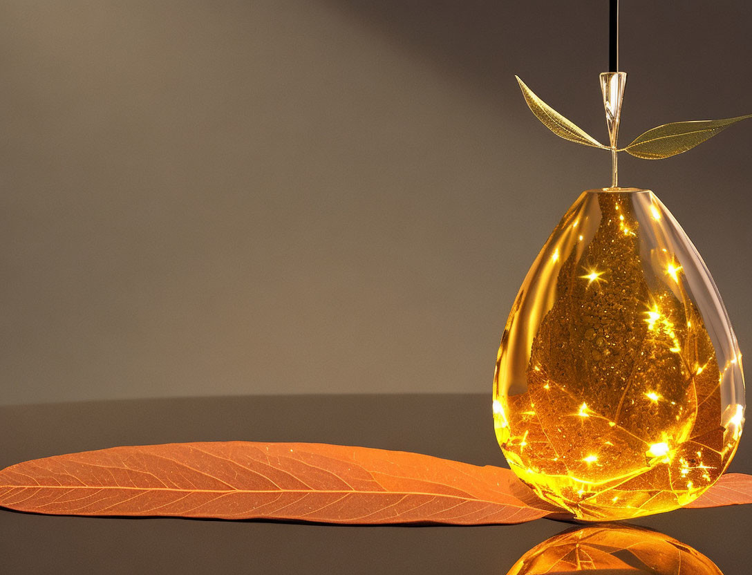 Pear-shaped light fixture casting warm glow over table against grey wall