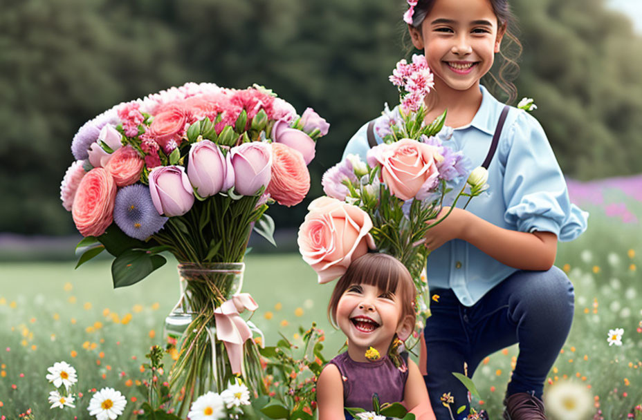 Young girl in blue dress with flowers and smiling toddler in wildflowers