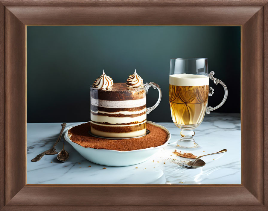 Layered cake with whipped cream and beer on marble surface