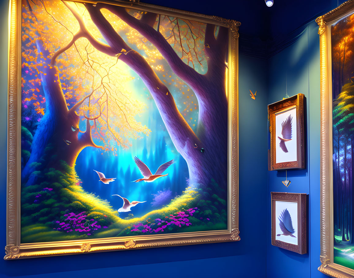 Gallery showcases vibrant bird and tree paintings in golden light, centerpiece of mystical forest scene