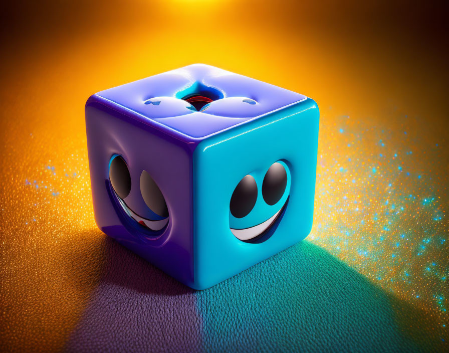 Shiny blue cube with cartoon eyes on textured surface against orange background