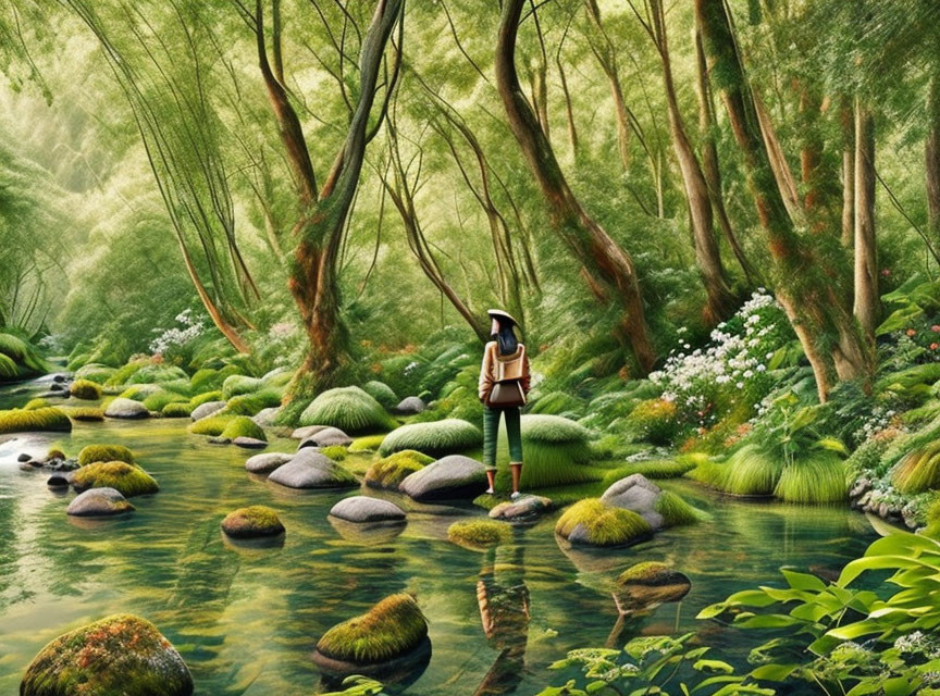 Person standing on moss-covered rock in serene forest stream surrounded by lush greenery.