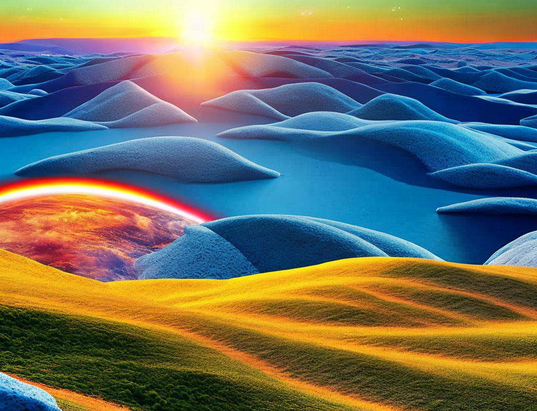 Surreal snow-covered hills under vivid sunrise