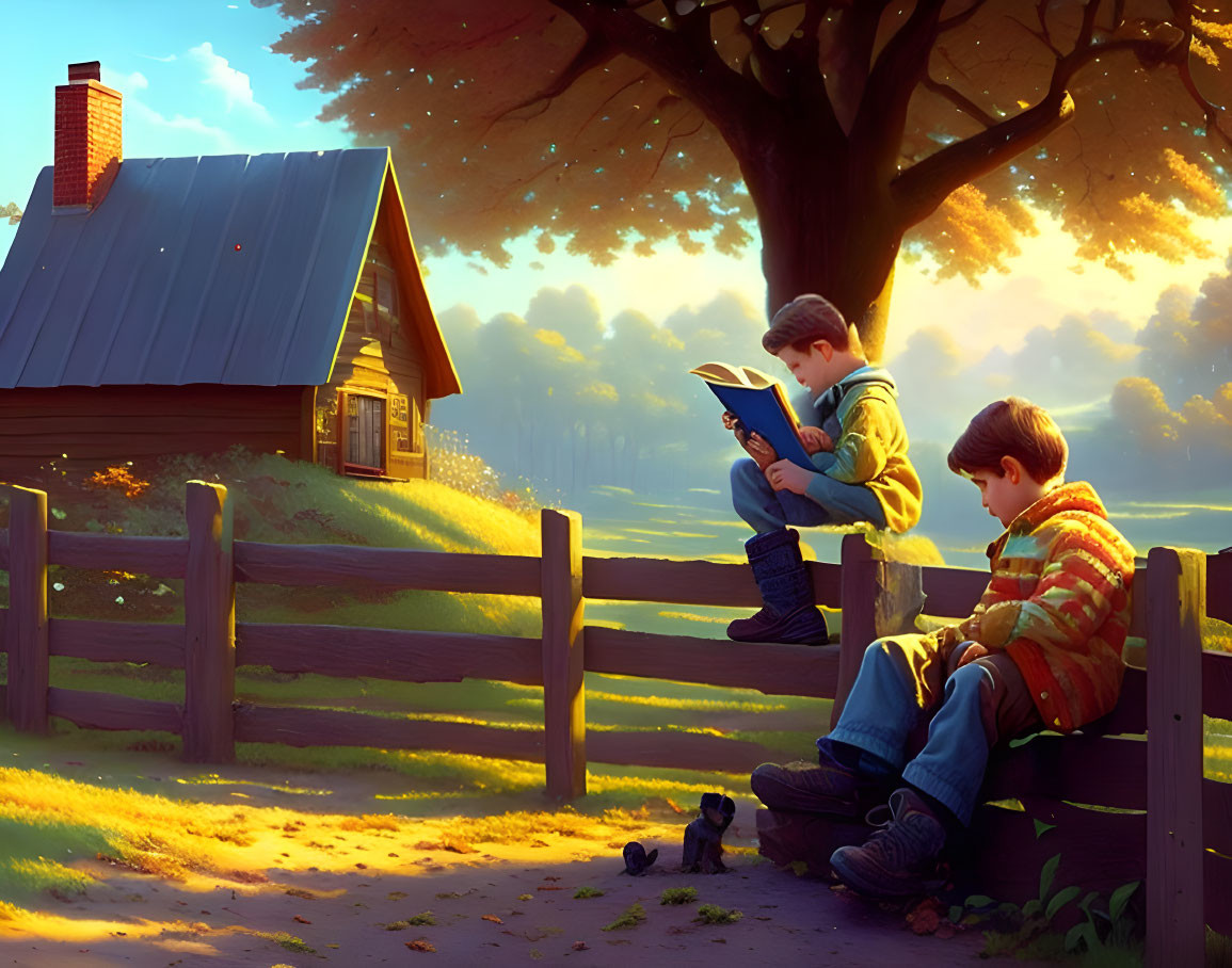 Children reading books on fence by countryside house at sunset