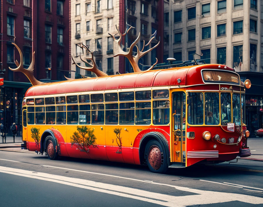 Vintage Red Bus with Large Decorative Antlers Traveling Through City Street