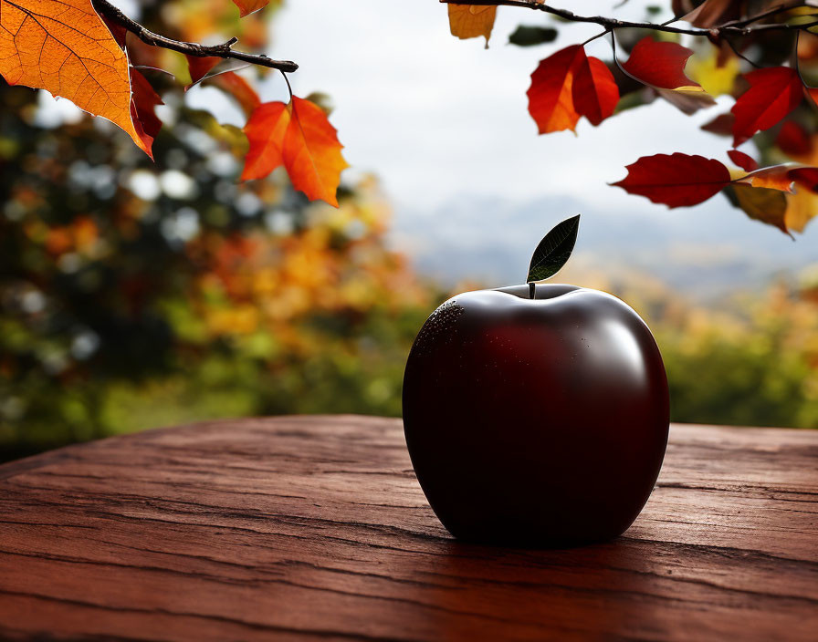 Red Apple with Leaf on Wooden Surface Surrounded by Autumn Leaves