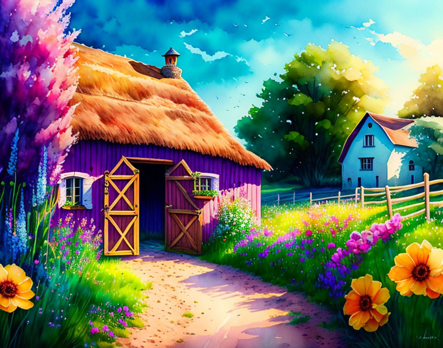 Vibrant rural scene with purple barn, white house, flowers, and blue sky