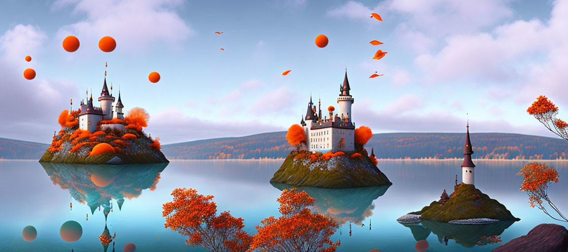 Autumn-themed floating islands with castles and pastel sky