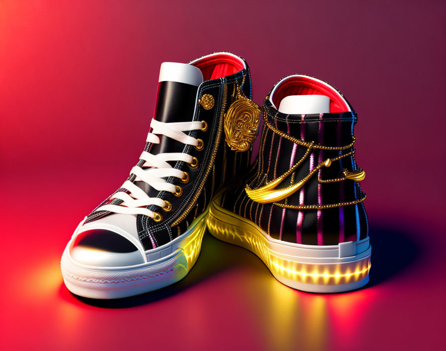 Black, White, and Yellow Star Pattern High-Top Sneakers on Pink and Red Background