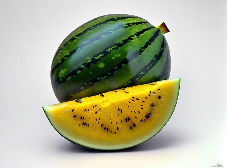 Striped green watermelon with yellow flesh and black seeds.