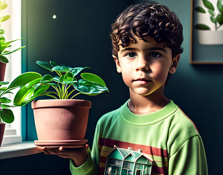 Child with curly hair holding potted plant near sunlit window