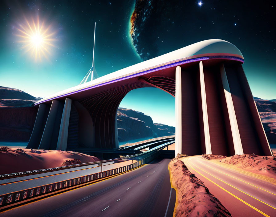 Sleek futuristic bridge over desert road with otherworldly skyline