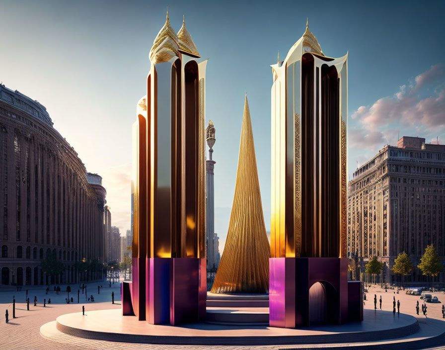 Ornate Gold-Accented Sculptures in Classical Plaza