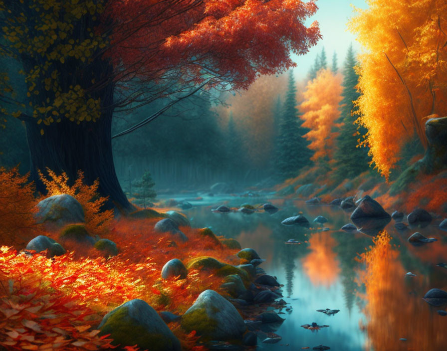 Tranquil autumn river with mist and colorful trees