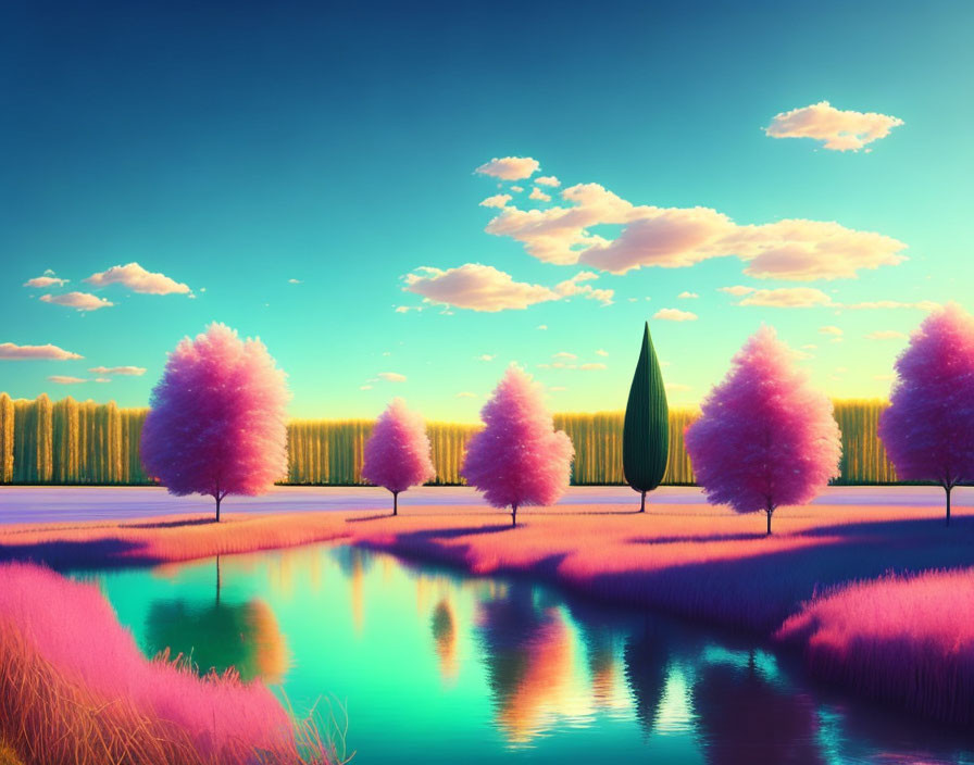 Colorful digital artwork: Pink trees by serene lake with reflections, blue sky & fluffy clouds