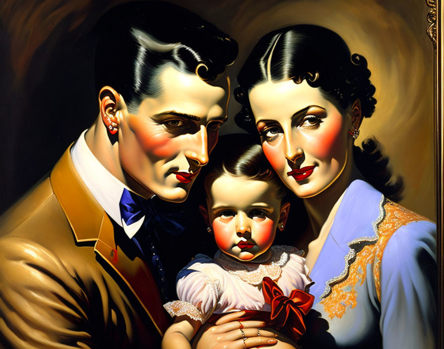 Vintage-style Family Painting with Man, Woman, and Child in Vibrant Colors