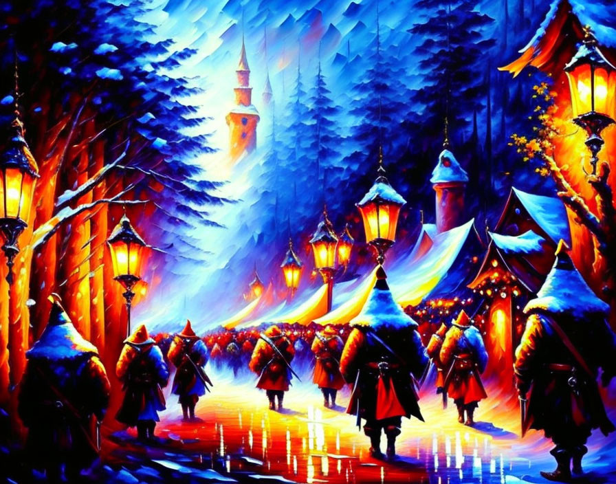 Snowy village at night: Vibrant painting of lantern-lit scene