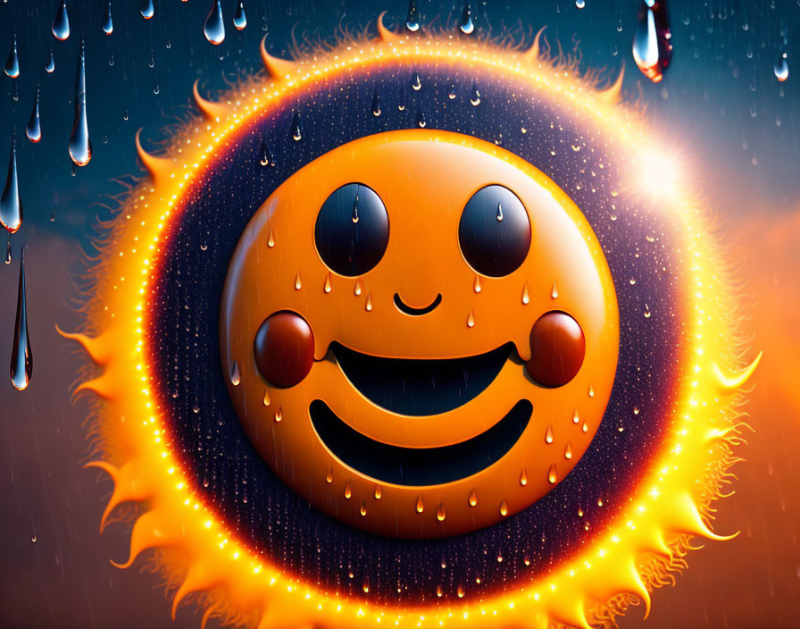 Sun Aura Smiling Emoji in Raindrops on Glass