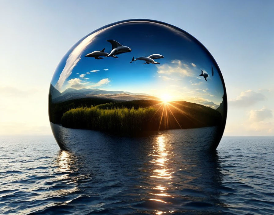 Spherical landscape with leaping dolphins, forest, mountains, and sunrise in reflective bubble