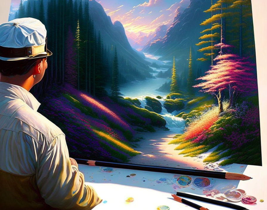 Person in White Cap Admires Vibrant Mountain Landscape Painting