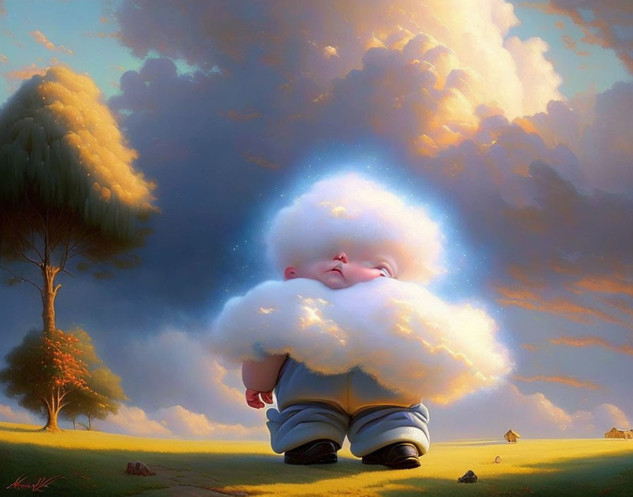 Whimsical giant baby with cloud hair in serene landscape