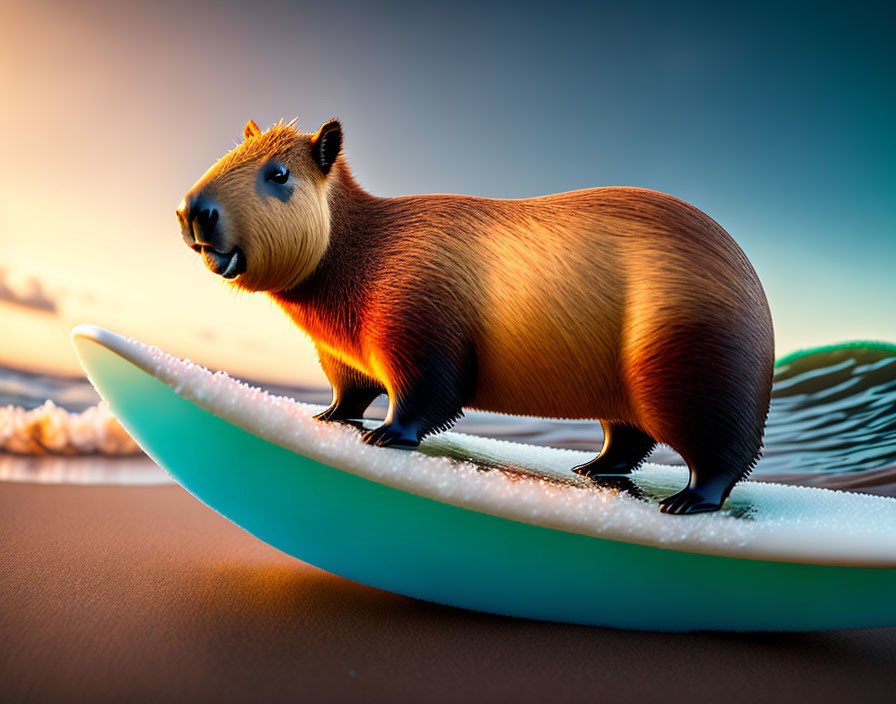 Capybara on surfboard near ocean at sunset with colorful sky