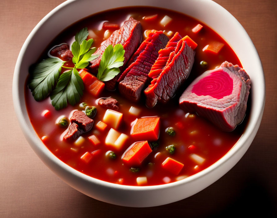 Traditional beef borscht with beetroot, carrots, peas, and parsley in white bowl