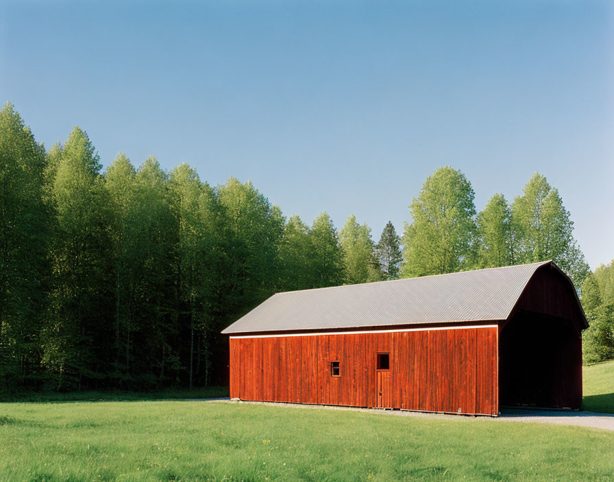 Red barn in green field with forest and blue sky