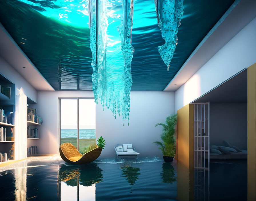 Surreal indoor pool with water-like chandeliers and sea view