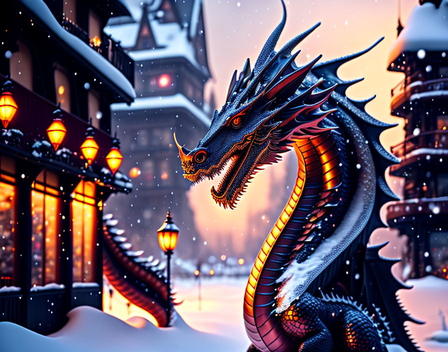 Majestic dragon winding through snowy, lamp-lit village at dusk